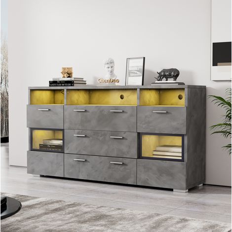 Sideboard 140x33.5x72.5 cm, mit LED Beleuchtung, 2 Türen, 3 Schubladen und 3 offenen Fächern, Spanplatte, Grau (1/5)