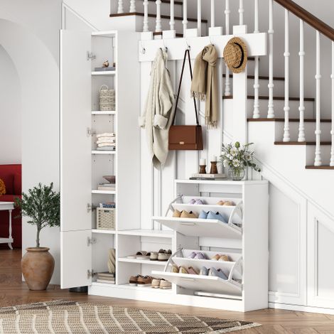 Set armadio 13525180 cm con specchio, armadio da ingresso, unità a mensola a parete, armadio compatto, con 2 scarpiere con ante a battente inferiori + 2 armadietti contenitore, adatto per ingressi, co (1/5)