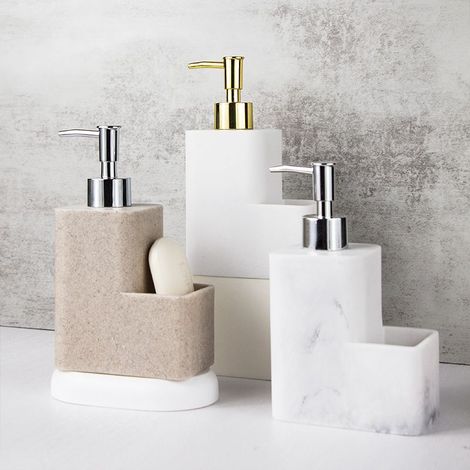 Distributeur de Savon Liquide avec Porte-Éponge Porte-Brosse, Bouteille de Pompe de Distributeur de Savon à Vaisselle Tampon à Récurer pour Cuisine Salle de Bain Évier de Comptoir, Marbre (1/4)