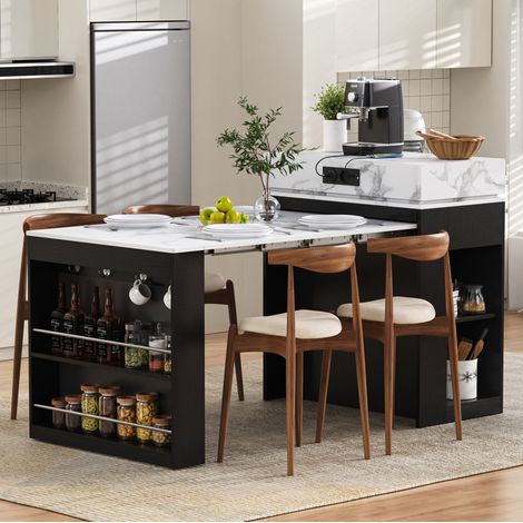 Îlot de cuisine extensible à roulettes, plateau rabattable et prises, noir (1/5)