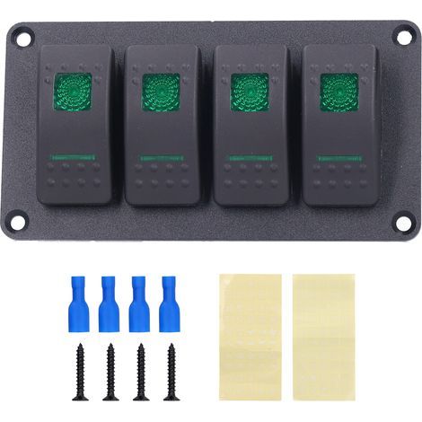 Panneau de commutateur à bascule à 4 gangs, Interrupteurs à bascule pour bateau Rétro-éclairage LED 5 broches Protection contre la surchauffe pour 12V / 24V Véhicule Marin Yacht Bateau(vert). (1/5)