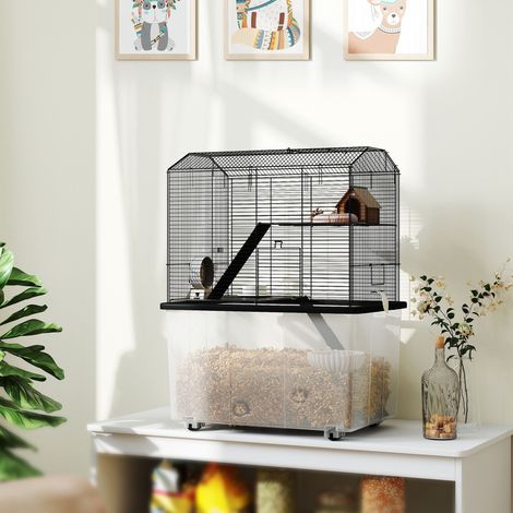 Cage hamster cage rongeur 3 étages avec roulettes plate-forme et échelle en fil d'acier 57 x 43 x 74 cm noir