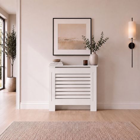 Radiator Cover Small White Modern Horizontal Slat MDF Cabinet with Display Shelf 780x815x190mm (1/5)