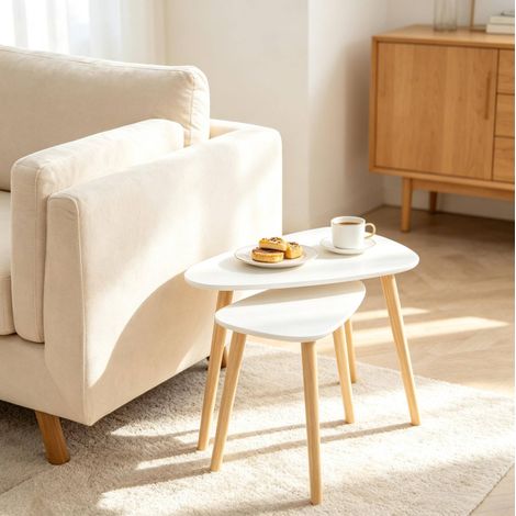 Mesas de centro nido 59,5x39,5x45 cm de MDF y madera, blanco, FloraGrace (1/5)