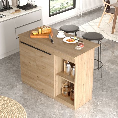 Isla de Cocina Corsico, Mueble Despensa 2 Estantes, 4 Huecos, 2 Puertas, 120x60x88h cm Roble Marrón (1/5)