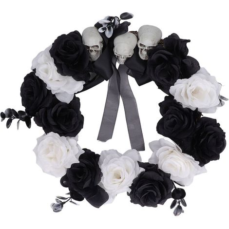 Jeffergarden Couronne d'Halloween en bois mort, crne en plastique, fleurs noires et blanches, accessoire de décoration pour fête, maison hantée-DOU