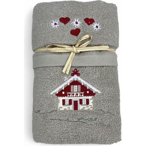 Serviette tyrolienne maison taupe - Tirolo - 100 % coton éponge - Chalet de montagne broderie Made in Italy