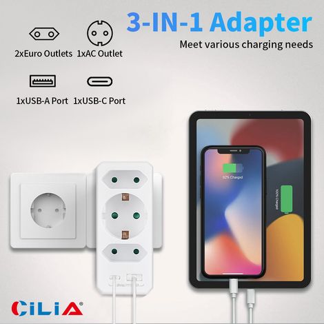 Prise électrique CILIA 5 en 1 de type F Schuko avec 3 prises universelles, USB-C/A 3,1 A - 3 500 W/250 V50 Hz, sécurité enfant, blanche pour la maison/le bureau