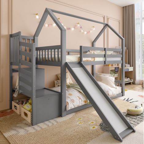 MEUBLIV Letto a castello bambini 90x200 cm grigio – con scivolo e contenitore, senza materasso (1/5)