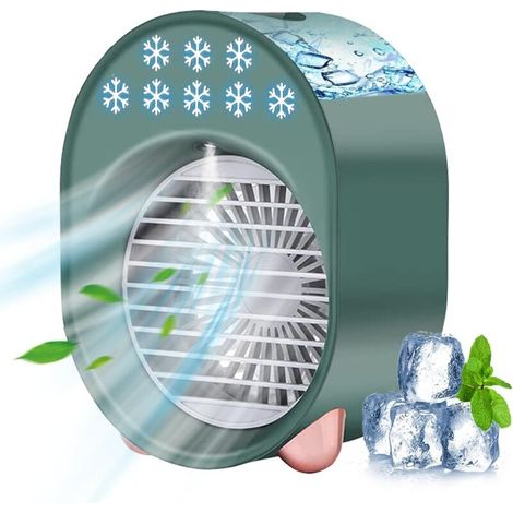 Climatiseur Portable, climatiseur mobile silencieux, Mini ventilateur humidificateur, USB Ventilateur Refroidisseur d'air Portable 4 en 1, 3 Vitesses 7 Couleurs LED Maison Bureau (vert)