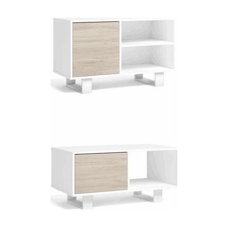 Skraut Home - Set Wind, Ensemble de Meubles de salon/salle à manger comprenant 1 Meuble TV100 et 1 table basse, Blanc/Chêne, Pieds blancs (1/5)