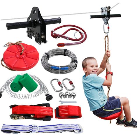 DIY-Drahtseilzug-Set für Kinder zum Selberbauen im Freien, Seilrutsche mit Handrolle und Schaukelquerstange