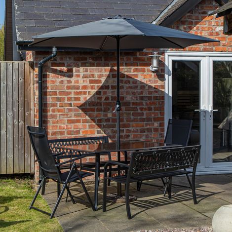 Outdoor 6 Person Rectangular Glass Top Garden Dining Table Benches & Chairs With Grey Havana Parasol and Base Set (1/5)