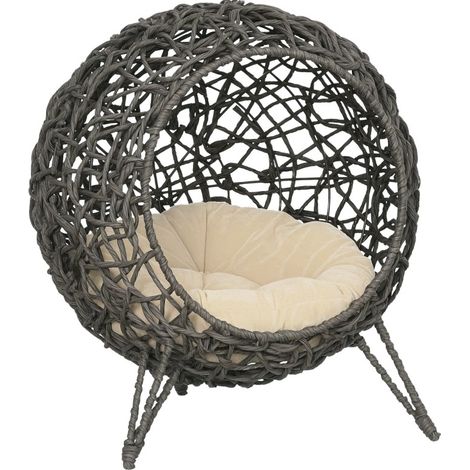 Katzenhöhle aus Polyrattan mit Kissen und erhöhten Füßen, silbergrau Ø52 x 58 cm MODENUIT (1/4)