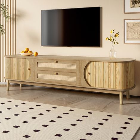 Meuble TV en Bois Naturel avec portes et 2 tiroirs,Armoire TV avec côtés en rotin,Style champêtre naturel Pour salon,170x39.5x46cm