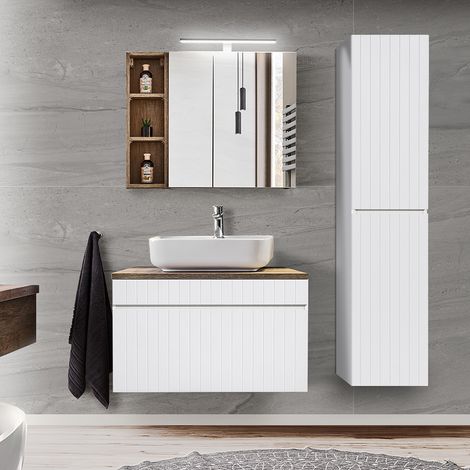 Badezimmermöbel Set in weiß matt mit Vintage Eiche Nb. IRAKLIO-56 inkl. LED Spiegelschrank, Waschtisch mit Keramik Waschbecken und Hochschrank, B/H/T: ca. 135/200/46 cm (1/5)