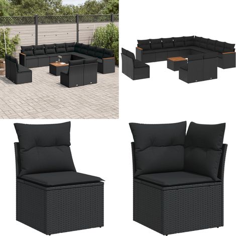 Salon de jardin avec coussins 14 pcs noir résine tressée - Salon De Jardin - Mobilier Extérieur - Set Salon - Résine Tressée - Rotin Synthétique - Home & Living (1/5)