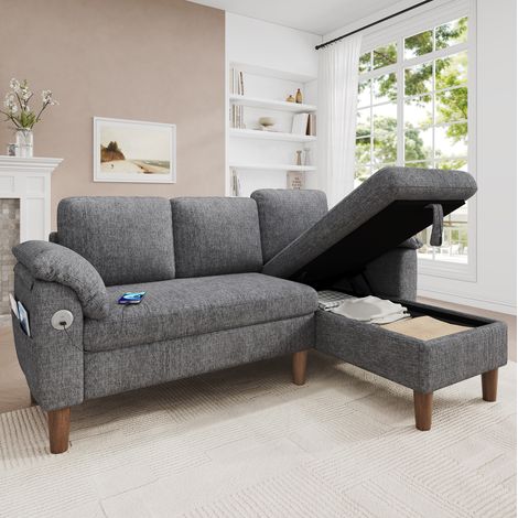 Divano angolare a L 181x125x88 cm, con chaise longue reversibile, contenitore, tessuto chenille, grigio chiaro (1/5)