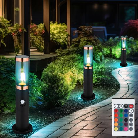 Sockelleuchte mit Fernbedienung rauch Außenbeleuchtung mit Bewegungsmelder Garten Stehlampe dimmbar, Edelstahl, RGB LED 8,5W 806Lm warmweiß, DxH 7,6x45 cm,3er Set (1/5)
