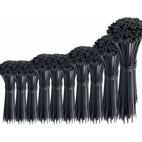 NALOOKAMIC Lot de 1000 attaches de câble noires en nylon Rilsan –Assortiment 100/150/200/250/300 mm –3/4 mm largeur pour gestion câbles (1/4)