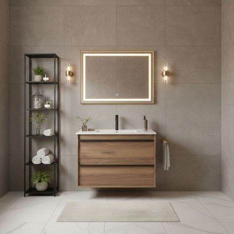 Mobile Bagno Sospeso 100 cm con Lavabo in Ceramica e 2 Cassetti Noce Maya – Urban