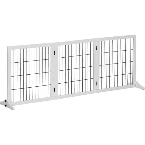 Puerta de seguridad plegable para perros 185x36x71 cm de madera de pino blanco (1/5)