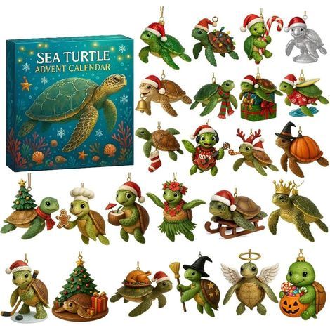 Ciel-Calendrier de l'Avent 24 jours avec 24 décorations plates en 2D en forme de tortue de mer - Calendrier de l'Avent pour les amateurs et les collectionneurs de l'océan (1/5)