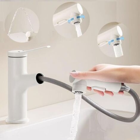 Robinet de lavabo, 3 jets d'eau, robinet de salle de bain, douchette extractible eau chaude/eau froide, fonction fontaine, avec tuyau d'arrivée d'eau (1/5)