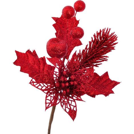 Künstliche Weihnachtswurzelzweige mit Blättern, 23 cm, goldfarbenes Pulver, Stecklinge, glitzernde Weihnachtsbaum-Dekorationen, rote Blätter (1/5)