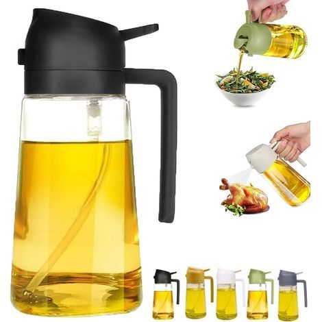 2-in-1 Ölspender und Ölsprüher Ölsprüher zum Kochen, Speiseölspender Sprüher, Ölspender für Küchenspray, 2-in-1-Glas-Olivenölspenderflasche (Schwarz, 470 ml) (1/5)