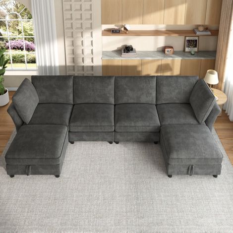 Divano modulare a U 289x137x84 cm con 2 pouf contenitore, seduta per 6-7 persone, tessuto chenille grigio (1/5)