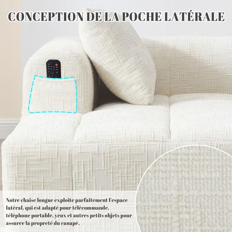 Chaise-longue confortable, sans besoin de montage. Canapé doux avec des coussins. Pochettes latérales pour la télécommande et le téléphone portable. Très bien rangé et élégant. Couleur beige. (1/5)