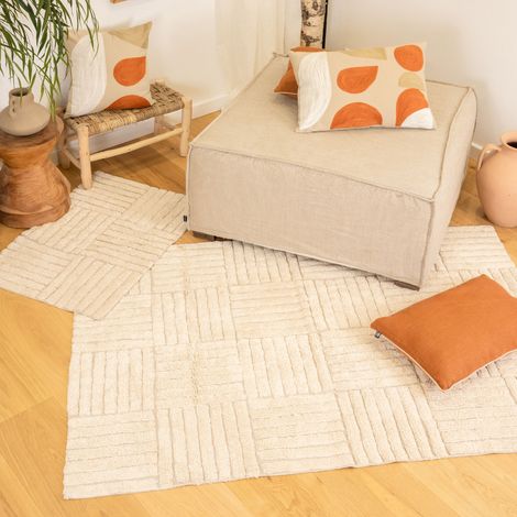 Tapis coton déco motif rayures croisées Ecru 60x90 cm
