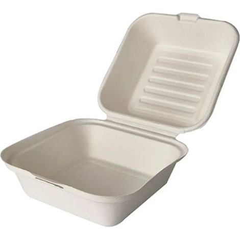 Récipient clamshell pour hamburger compostable et biodégradable en bagasse de canne à sucre, fermeture naturelle/beige, 15 x 15 x 8 cm - 20 pcs (1/5)