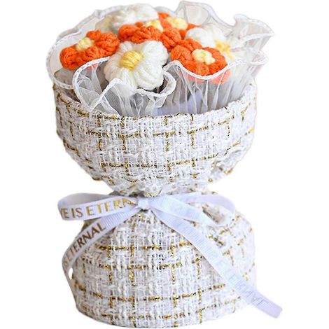 Bouquet de fleurs au crochet, bouquet tricoté à la main, décoration colorée pour la maison, ornement fini, cadeau pour la fête des mères ou la fête des enseignants-Orange White (1/5)