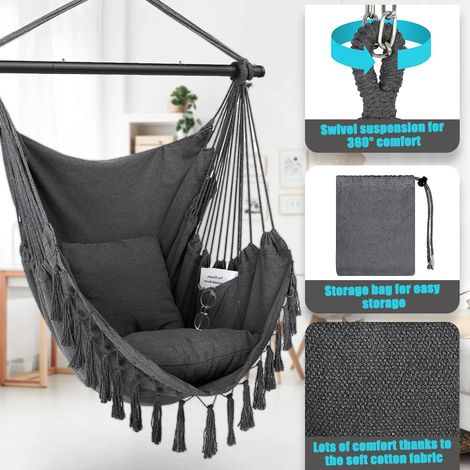 Sedia sospesa con 2 cuscini di seduta e borsa - Sedia sospesa a dondolo con amaca, carico massimo 330 libbre, sedia da giardino per interni ed esterni, amaca portatile con tasca laterale (1/4)