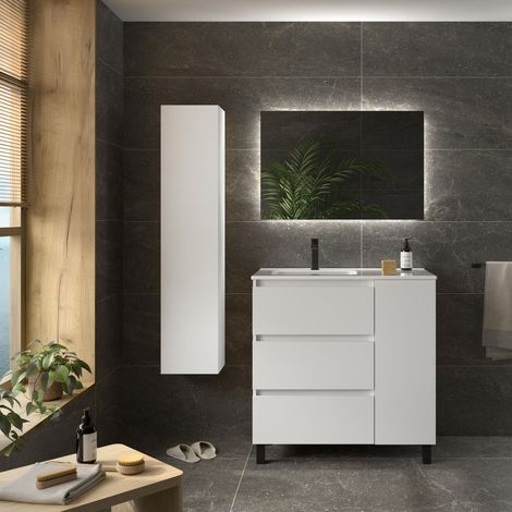 Meuble de salle de bain BEQUIA PLUS 3C 90cm Blanc mat Vasque Porcelaine Robinet à gauche 1P (1/5)