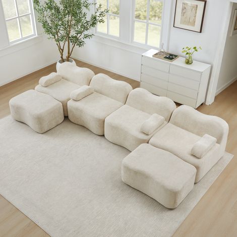 Canapé modular de terciopelo beige 4 plazas en forma de U con 2 otomanas (1/5)