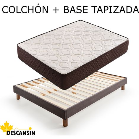 Pack Colchón y Base Tapizada Gris Con Patas Medidas 90x190 Gris Ideal para Personas con Dolores de Espalda Silenciosa Descansin