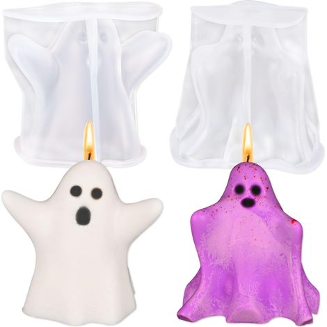 Lot de 2 moules à bougies fantômes 3D, parfaits pour la résine époxy, les bougies, les savons artisanaux et la décoration d'Halloween, violet et blanc. (1/5)