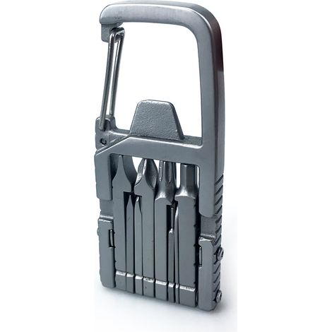 Outil multifonction générique 12 en 1 avec porte-clés, tournevis, embouts et décapsuleur pliables, idéal pour le camping et les activités de plein air. (1/4)