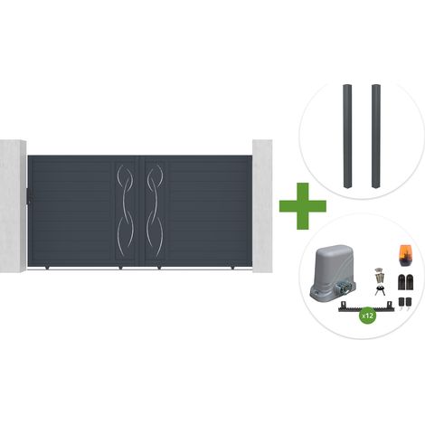 Portail coulissant 3,5m LIFE H.180cm aluminium gris + 2 poteaux ELDA + motorisation Tanker C600 (1/5)