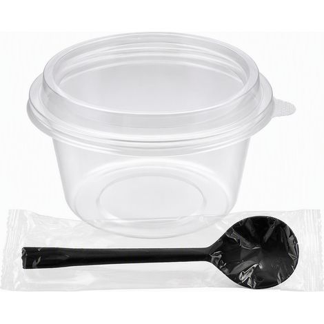 Bol jetable 360 ml, couvercle haut, cuillère et papier, 50 sets