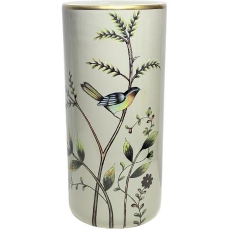 18" Umbrella Stand - Single Bird on Branches and Leaves Design - Pale Green - Ceramic - L20 x W20 x H46 cm
