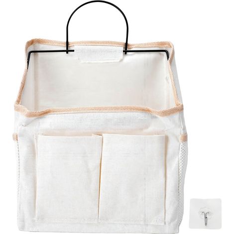 Panier mural à suspendre avec poche de rangement, cadre robuste, tissu de revêtement imperméabilisant et crochet adhésif pour chambre à coucher, salle de bain, bureau, dortoir, beige, moyen (1/5)