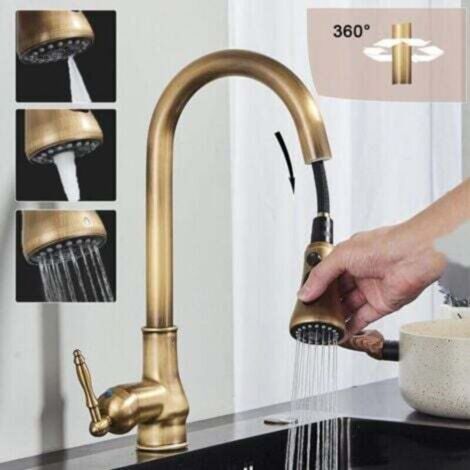 Mitigeur de Cuisine Rétro Evier Rabattable Fenêtre en Laiton Acier Inox 304 Robinet , Cuisine Douchette Extractible 3 Fonctions (SKU produit : 95331133 SKU Offre : 25319SLT25)