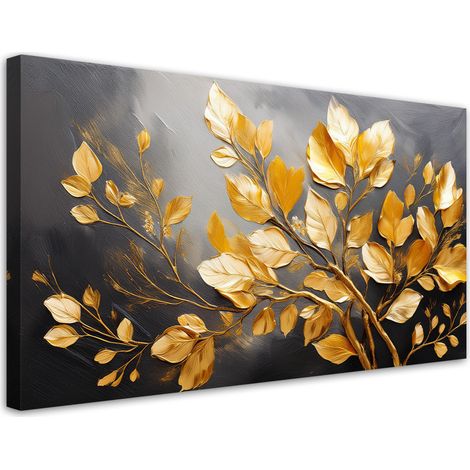 Tableau déco Feuilles dorées sur fond gris 100x50 (1/5)
