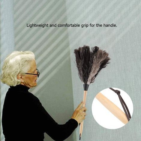 Handwaschbarer Staubwedel mit statischer Aufladung, Staubwedel mit Truthahnfedern und langem Holzgriff, Staubsaugergranulat, weiche, dichte Federn (1/4)