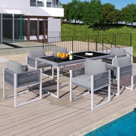 Salon de jardin 7 pièces,Set de salle à manger en corde pour 6 personnes avec fauteuils,Housse en tissu amovible et lavable,Gris et Blanc