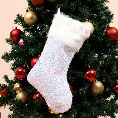 Chaussettes de Noël en Plush à Paillettes avec Dragonne, Sac Cadeau Portable pour Décorations de Cheminée et Sapin (1/4)